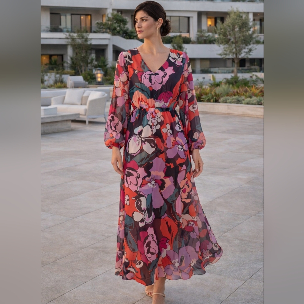 Etcetera Floral Midi Dress Size 2 Statement Print Long Sleeve